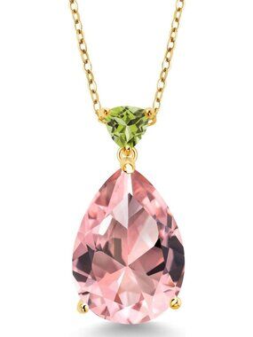 Stunning Pear Shape Peach Nano Morganite & Green Peridot Pendant Necklace, 18K